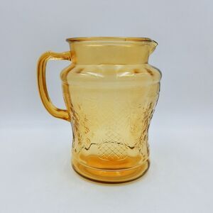 Federal Glass Normandie Amber Pitcher Jug 80 Oz. Vtg Depression Lattice Floral